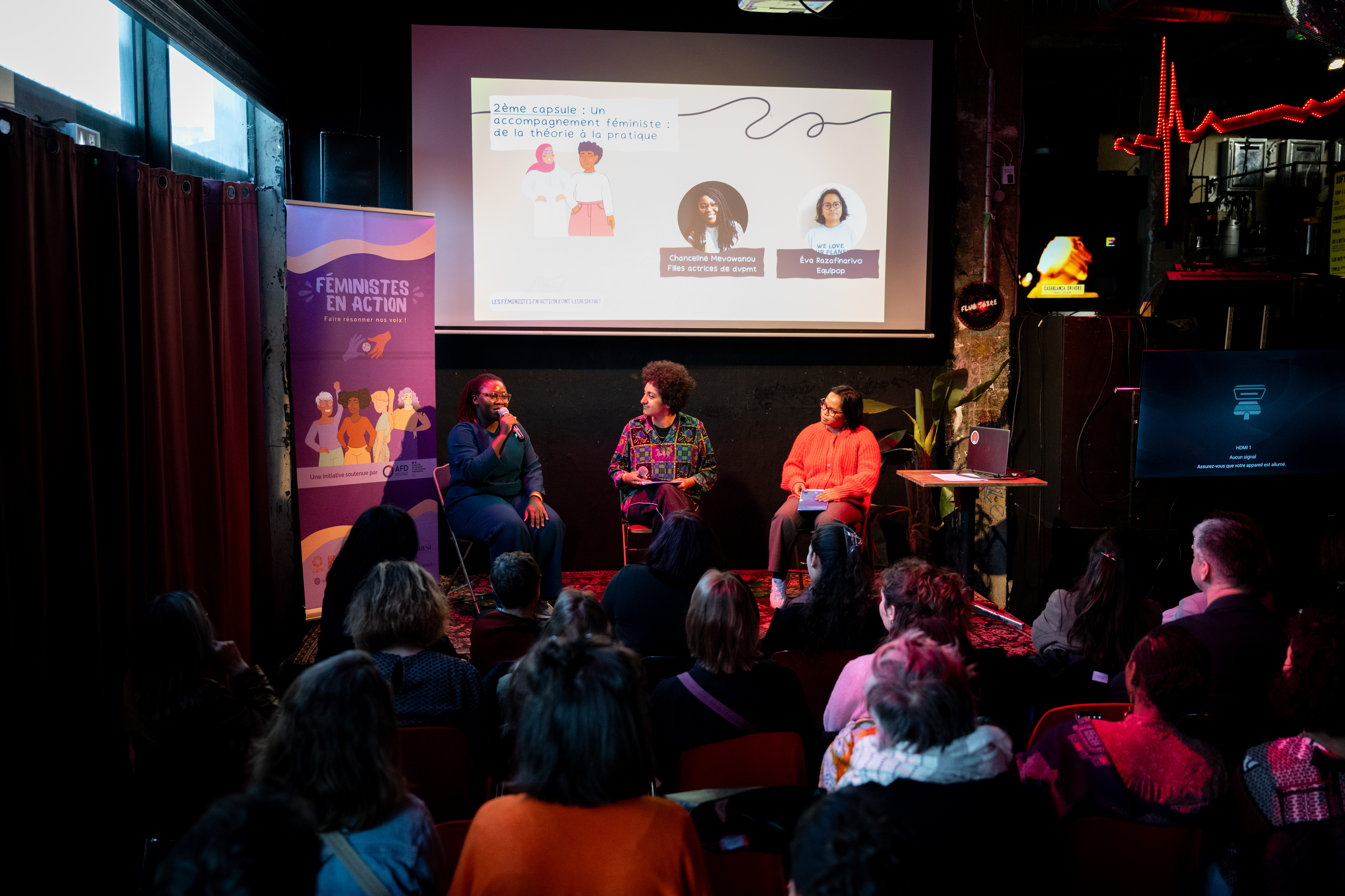 Intervention à Paris de Chanceline, pour la clôture en avril 2025 du projet FEA, aux côtés de deux autres féministes, Constanza JÀUREGUI TAMA d'Equateur et Marta LUCENO MORENO de Tunise.